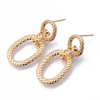 Brass Stud Earrings, Dangle Earrings, Nickel Free, Oval, Real 18K Gold Plated, 36mm, Pin: 0.7mm