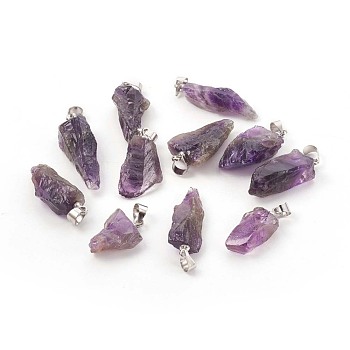 Natural Amethyst Pendants, with Platinum Tone Brass Findings, Nuggets, 17.5~30x9.5~10x4.5~8mm, Hole: 3.5x4.5mm