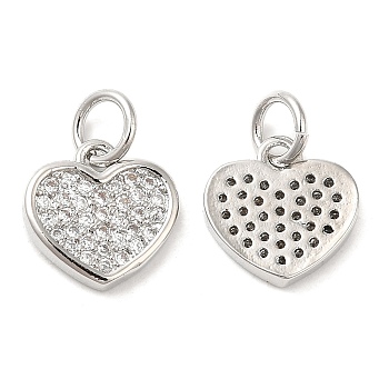 Brass with Cubic Zirconia Pendants, Long-Lasting Plated, Lead Free & Cadmium Free, Heart Charm, Platinum, 10x10x2mm