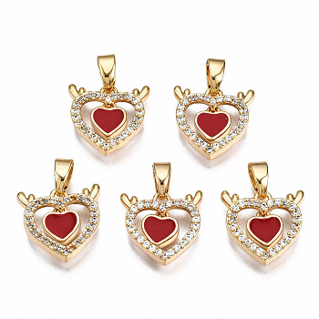 Brass Micro Pave Cubic Zirconia Pendants, with Claw Clasp, Nickel Free, Heart to Heart, Real 18K Gold Plated, 16x12.5x3mm, Hole: 4x2mm