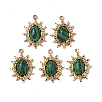 Vacuum Plating 201 Stainless Steel Synthetic Malachite Pendants, Real 18K Gold Plated, Oval/Sun Charms, 18x13.5x4mm, Hole: 1.6mm