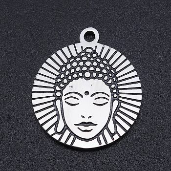 201 Stainless Steel Etched Pendants, Flat Round with Joss, Stainless Steel Color, 22x19x1.5mm, Hole: 1.8mm