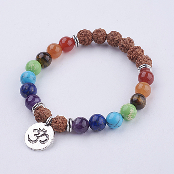 Yoga Chakra Jewelry, Gemstone and Bodhi Wood Stretch Charm Bracelets, with Tibetan Style Alloy Pendant, Om Symbol, 51mm, about 22pcs/strand