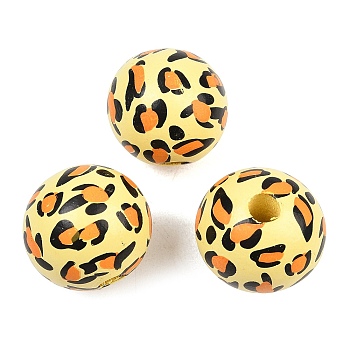 Printed Wood European Beads, Round with Leopard Print Pattern, Large Hole Beads, Champagne Yellow, 24.5x23mm, Hole: 5mm