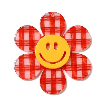 Tartan Pattern Acrylic Big Pendants, Flower with Smiling Face, Red, 55x50x4.5mm, Hole: 1.8mm
