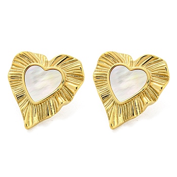 304 Stainless Steel Heart Stud Earrings, with Natural Shell, Real 14K Gold Plated, 26x25mm