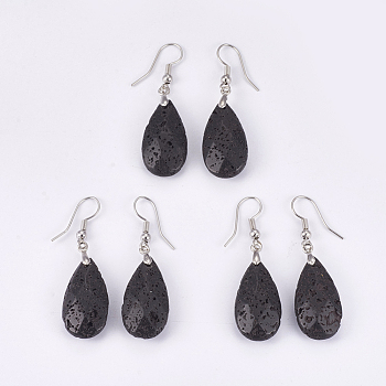 Natural Lava Rock Dangle Earrings, with Brass Findings, teardrop, Faceted, Platinum, 45~49mm, Pin: 0.7mm, Pendant: 24~26x13x6~7mm