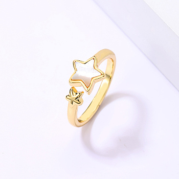 Natural Shell Open Cuff Ring, Golden Stainless Steel Finger Ring, Star, Inner Diameter: 16~18mm