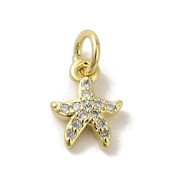 Brass Micro Pave Cubic Zirconia Charms, Real 18K Gold Plated, Starfish Charms, Clear, 10.5x7.5x2mm, Hole: 3mm