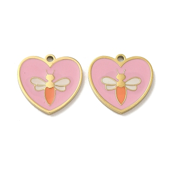 Ion Plating(IP) 316L Surgical Stainless Steel Pendants, with Enamel, Real 18K Gold Plated, Heart with Bee Charm, Pink, 14.5x15x1.5mm, Hole: 1.4mm
