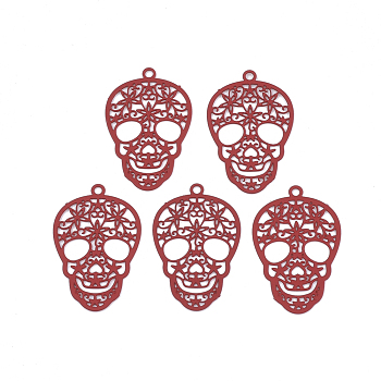 430 Stainless Steel Filigree Pendants, Spray Painted, Etched Metal Embellishments, Skull, Dark Red, 23x15x0.5mm, Hole: 1.2mm