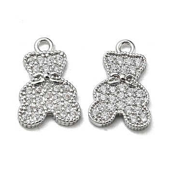 Brass Micro Pave Cubic Zirconia Pendants, Bear, Real Platinum Plated, 13.5x9x1.5mm, Hole: 1.2mm