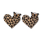 Printed Acrylic Pendants, Leopard Print, Heart with Butterfly Charms, Tan, 33x37x2.5mm, Hole: 1.5mm(AC-CBA6AAB-02)
