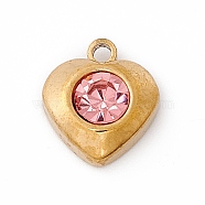 304 Stainless Steel Pendants, with Rhinestone, Heart, Golden, Rose, 10.5x9.5x4mm, Hole: 1.4mm(STAS-P310-24G-01)