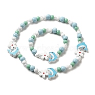 Maple Wood & Acrylic Jewelry Set, Beaded Necklace & Stretch Bracelet for Kids, Dolphin, Bracelet: Inner Diameter: 2-1/4 inch(5.6cm), Necklace: 15-7/8 inch(40.4cm)(SJEW-C003-02N)