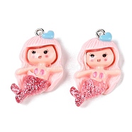 Opaque Resin Pendants, with Glitter Powder and Platinum Tone Iron Loops, Mermaid, Pink, 34x18x6mm, Hole: 2mm(RESI-D055-037P)