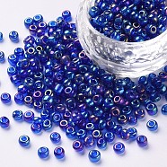 6/0 Round Glass Seed Beads, Transparent Colours Rainbow, Round Hole, Blue, 6/0, 4mm, Hole: 1.5mm, about 500pcs/50g, 50g/bag, 18bags/2pounds(SEED-US0003-4mm-168)