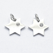 316 Surgical Stainless Steel Pendants, with Cubic Zirconia, Long-Lasting Plated, Star, Clear, Stainless Steel Color, 10.5x12x1.5mm, Hole: 3mm(STAS-K178-02P)