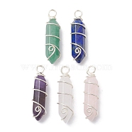 Natural Mixed Gemstone Copper Wire Wrapped Pointed Pendants, Faceted Bullet Charms, Silver, 36~38.5x10~10.5x10~10.5mm, Hole: 3.5~4mm(PALLOY-JF02603-02)