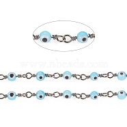 3.28 Feet Handmade Evil Eye Lampwork Round Beaded Chains, with Brass Findings, Unwelded, Long-Lasting Plated, Gunmetal, Light Sky Blue, 12.5x2.8x4x1.5mm, Beads: 4mm(X-CHC-G009-A-B01)