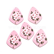 Printed Opaque Acrylic Pendants, Petal with Flower Pattern, Pink, 44x34.5x2.5mm, Hole: 1.8mm(MACR-C003-23)