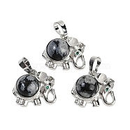 Natural Snowflake Obsidian Pendants, Rack Plating Brass Rhinestone Elephant Charms, Platinum, Cadmium Free & Lead Free, 17.5x20.5x8mm, Hole: 5x8mm(G-I374-A-P03)