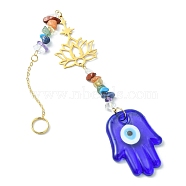 Gemstone Chip Beaded Pendant Decorations, with Evil Eye Lampwork and 201 Stainless Steel Lotus Hanging Ornaments, Hamsa Hand, 240mm(HJEW-JM01128-01)