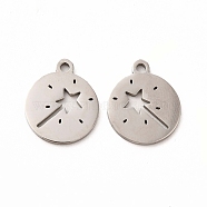 201 Stainless Steel Charms, Flat Round with Star Magic Stick, Stainless Steel Color, 14x11.5x1mm, Hole: 1mm(STAS-E188-08P)