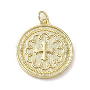 Brass Pendants, with Jump Ring, Flat Round with Cross, Real 14K Gold Plated, 22x20x2mm, Hole: 3.2mm(KK-E091-06G)