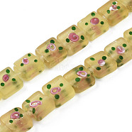 Handmade Frosted Lampwork Beads Strands, Square with Flower, Pale Goldenrod, 13~14.5x12~13x7~9mm, Hole: 1.5mm, about 35pcs/strand, 17.72 inch(45cm)(LAMP-N021-38E)