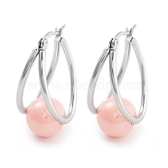 304 Stainless Steel & Plastic Imitation Pearl Oval with Ball Hoop Earrings for Women, with 316 Stainless Steel Pins, Light Salmon, 32x15.5x19.5mm(EJEW-C096-13P-06)
