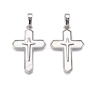 Brass & Shell Pendants, Cross Charms, Platinum, 24.5x16x2mm, Hole: 6x3.5mm(KK-N254-209P)