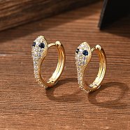 Brass Cubic Zirconia Hoop Earrings, 925 Sterling Silver Needle, Snake, Dark Blue, 17x14x5mm(EJEW-D301-05G-01)