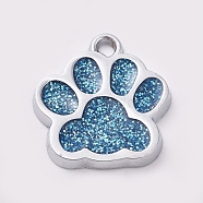 Alloy Enamel Charms, with Glitter Powder, Dog Paw Prints, Platinum, Steel Blue, 17.7x16.6x2mm, Hole: 2mm(ENAM-TAC0001-05C)