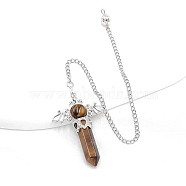 Natural Tiger Eye Dowsing Pendulum Big Pendants, with Platinum Plated Metal Findings, Hexagonal Angel Scepter Charm, 320mm(PW-WG53910-03)