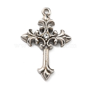 304 Stainless Steel with Rhinestone Pendants, Cross Charms, Stainless Steel Color, 28x18.5x3.5mm, Hole: 1.4mm(X-STAS-G310-36P)