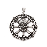 304 Stainless Steel Pendants, Flat Round with Skull, Antique Silver, 62x58x9.5mm, Hole: 8x4mm(STAS-E158-02AS)