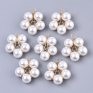 Handmade Wire Wrapped Pendants, with ABS Plastic Imitation Pearl Beads and Light Gold Plated Brass Findings, Flower, Creamy White, 24~25x20~23x8mm, Hole: 2~4mm(FIND-N050-09B-01)