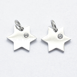316 Surgical Stainless Steel Pendants, with Cubic Zirconia, Long-Lasting Plated, Star, Clear, Stainless Steel Color, 10.5x12x1.5mm, Hole: 3mm(STAS-K178-02P)