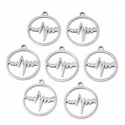 201 Stainless Steel Pendants, Laser Cut, Ring with Heartbeat, Stainless Steel Color, 17x15x1mm, Hole: 1.4mm(STAS-N091-97)