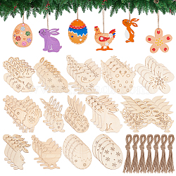 Easter Theme Unfinished Wood Pendant Decorations, Kids Painting Supplies, Wall Decorations, with Jute Rope, Wheat, 69~79.5x34~124x2~2.5mm, Hole: 2.5~4.8mm(HJEW-WH0043-58)