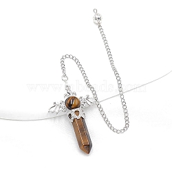 Natural Tiger Eye Dowsing Pendulum Big Pendants, with Platinum Plated Metal Findings, Hexagonal Angel Scepter Charm, 320mm(PW-WG53910-03)