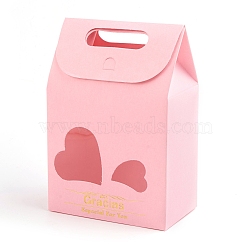 Rectangle Paper Bags with Handle and Clear Heart Shape Display Window, for Bakery, Cookie, Candies, Gift Bag, Pink, 6x10x15.4cm(CON-D006-01C-04)