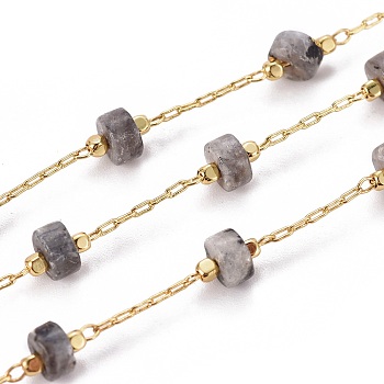 3.28 Feet Handmade Natural Labradorite Beaded Chains, with Brass Chains, Long-Lasting Plated, Soldered, Golden, 5.5~6mm, Llink: 5.5~6x4~4.5mm and 2x1x0.2mm