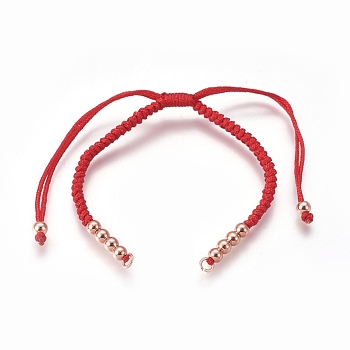 Nylon Cord Braided Bead Bracelets Making, with Brass Beads, Long-Lasting Plated, Real Rose Gold Plated, Red, 10-1/4 inch~11-5/8 inch(26~29.6cm)