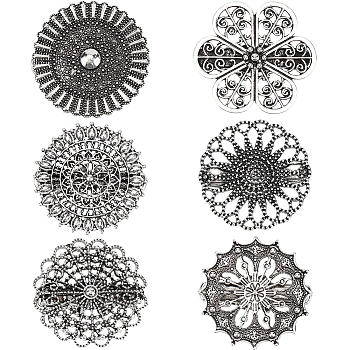 6Pcs 6 Styles Vintage Alloy Filigree Flower Anti-Slip Sweater Pins, Collar Clip Shawl, Antique Silver, 40~43.5x40~41.5x14~17mm, 1pc/style