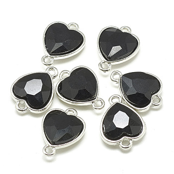 Alloy Glass Links connectors, Heart, Platinum, Black, 19~20x14~15x6mm, Hole: 2mm
