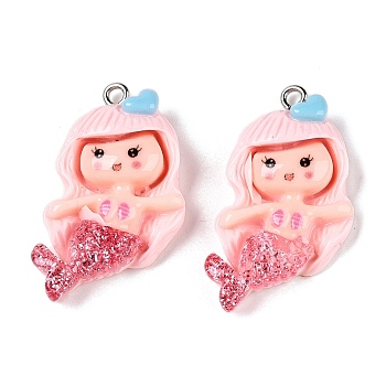 Opaque Resin Pendants, with Glitter Powder and Platinum Tone Iron Loops, Mermaid, Pink, 34x18x6mm, Hole: 2mm