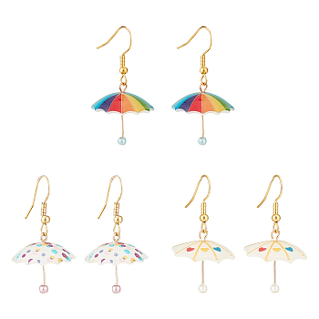 3 Pairs 3 Colors 3D Umbrella Acrylic Dangle Earrings, Golden Alloy Jewelry for Woman, Mixed Color, 39mm, Pin: 0.6mm, 1 Pair/color