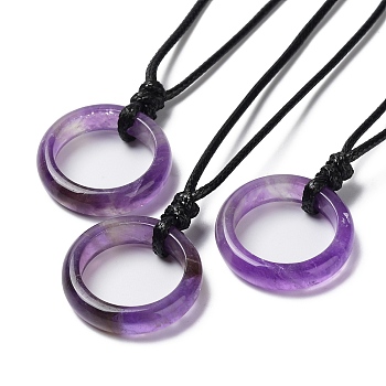 Natural Amethyst Ring Pendant Necklace with Waxed Cords, 29.53~29.92 inch(75~76cm), Pendant: 26x6mm